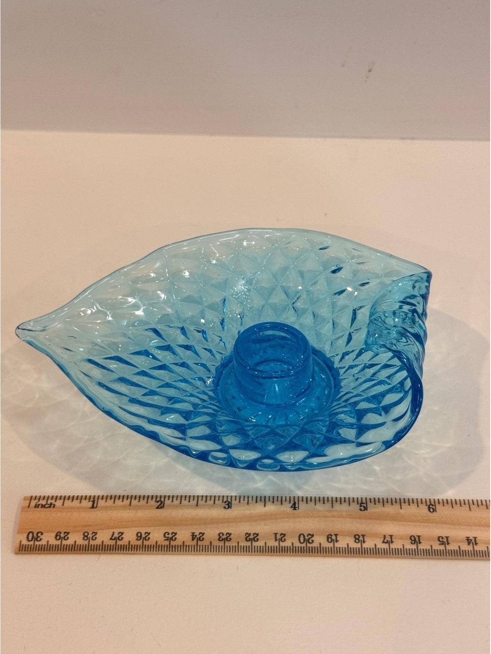 Vintage Indiana Glass Blue Diamond Point Leaf Candle Holder - Mid Century Decor